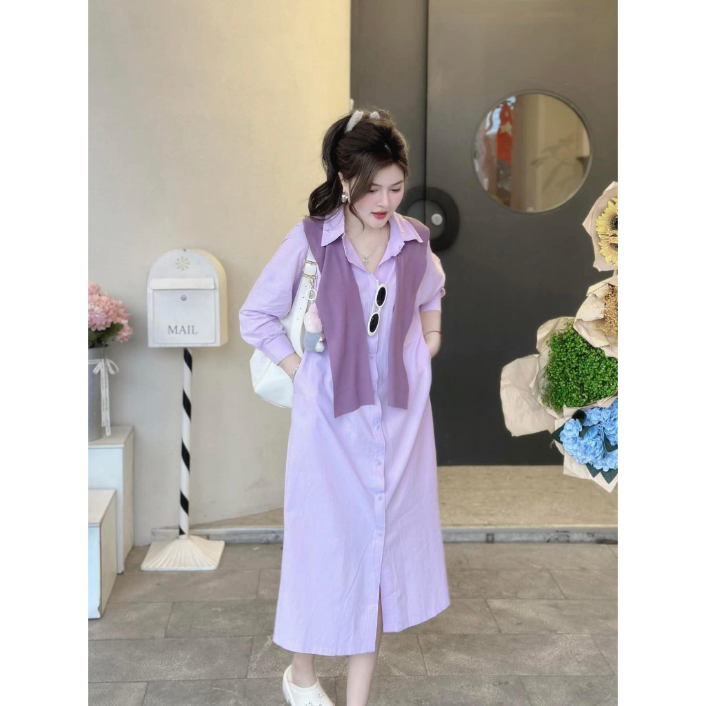 Váy Sơ Mi Dáng Dài HCOM25529 Phom Suông Cổ Đức Phối Khăn Choàng Vai Cá Tính Style Hàn Quốc DONNA
