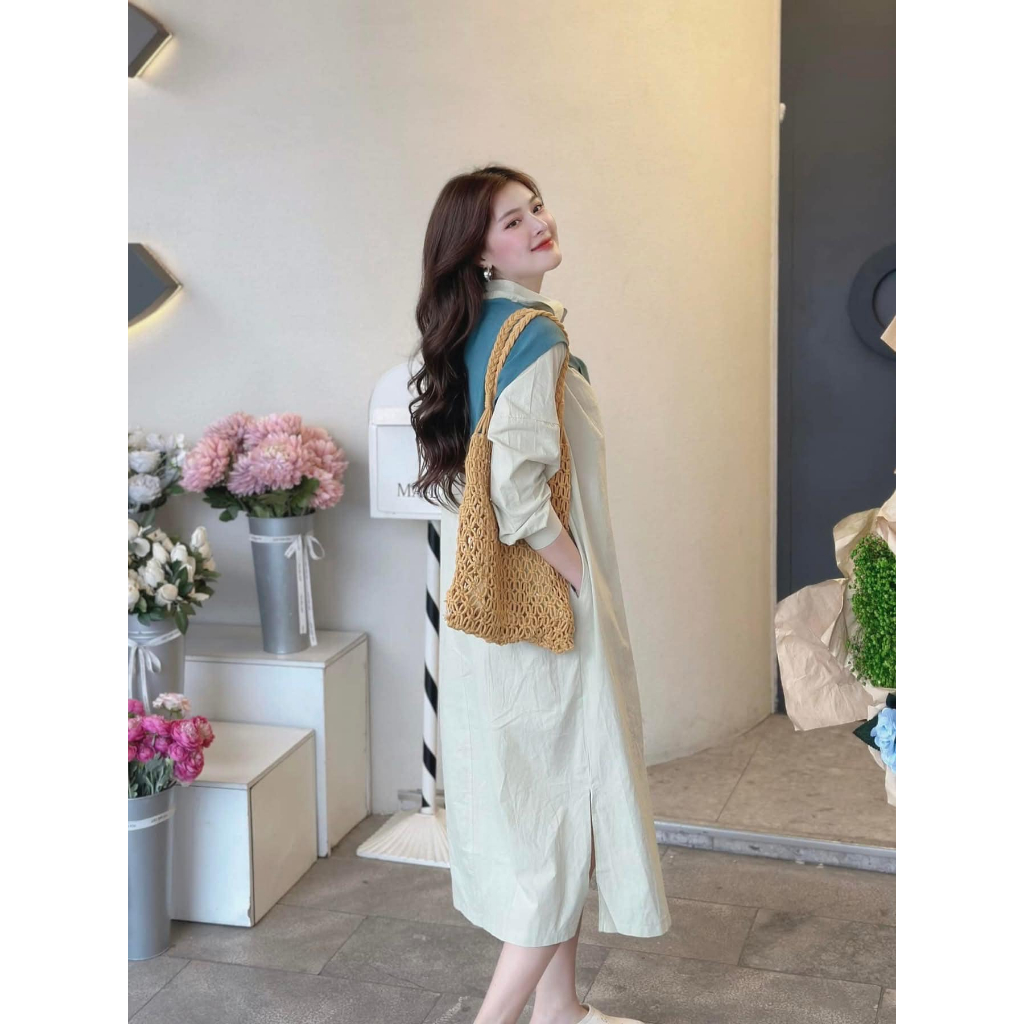 Váy Sơ Mi Dáng Dài HCOM25529 Phom Suông Cổ Đức Phối Khăn Choàng Vai Cá Tính Style Hàn Quốc DONNA