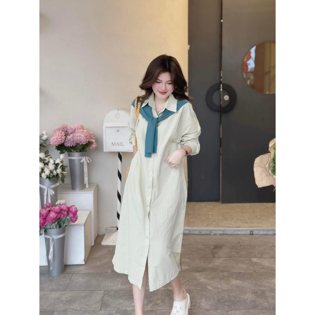 Váy Sơ Mi Dáng Dài HCOM25529 Phom Suông Cổ Đức Phối Khăn Choàng Vai Cá Tính Style Hàn Quốc DONNA