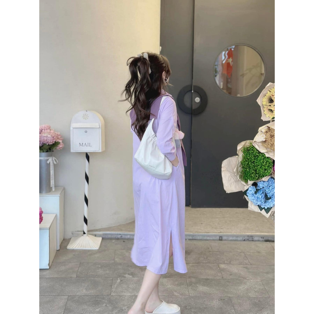 Váy Sơ Mi Dáng Dài HCOM25529 Phom Suông Cổ Đức Phối Khăn Choàng Vai Cá Tính Style Hàn Quốc DONNA