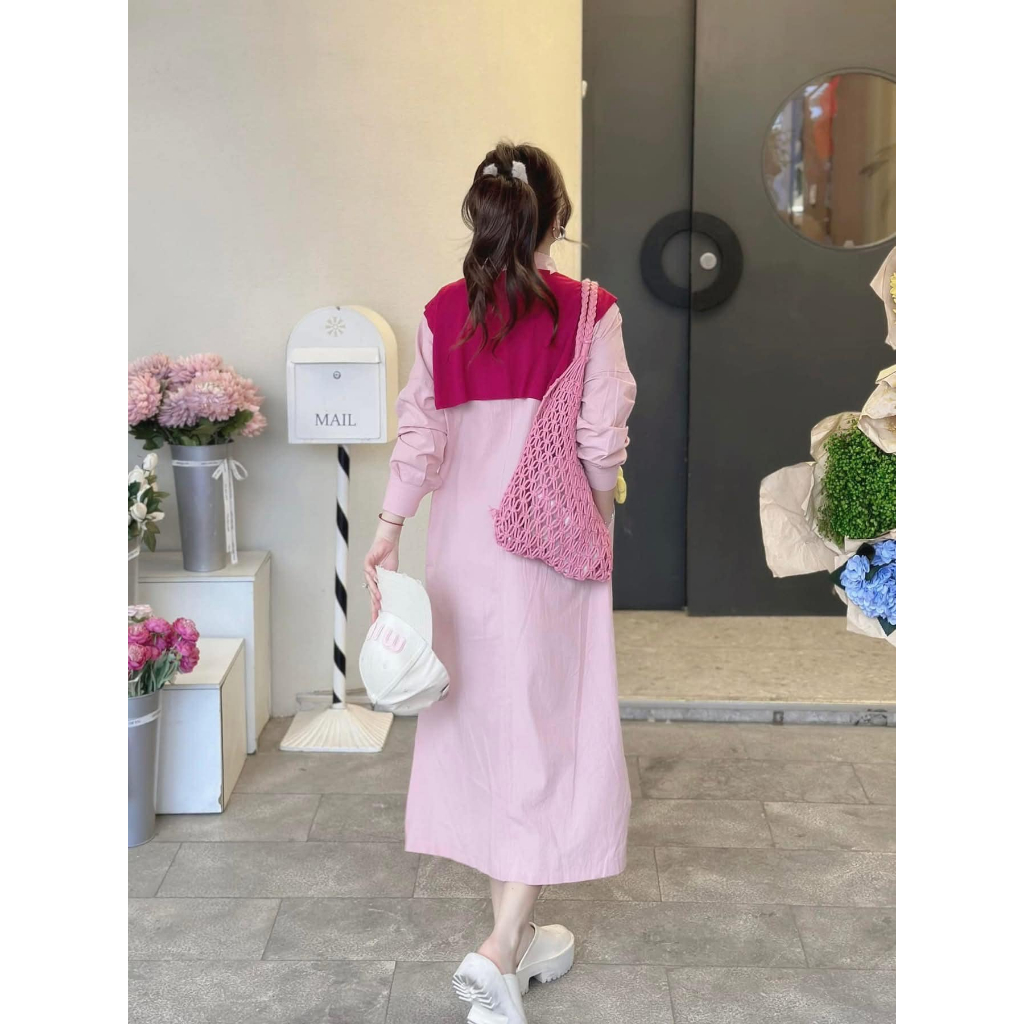 Váy Sơ Mi Dáng Dài HCOM25529 Phom Suông Cổ Đức Phối Khăn Choàng Vai Cá Tính Style Hàn Quốc DONNA