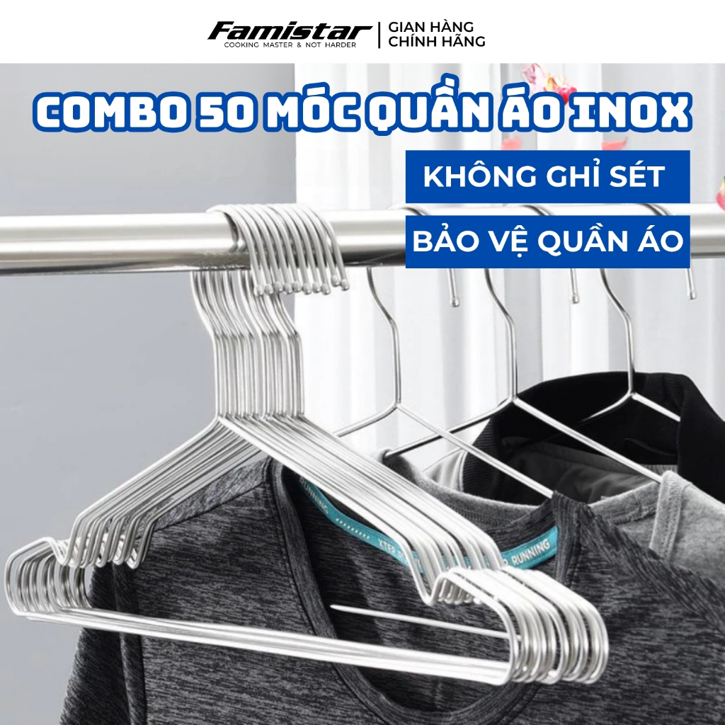 Combo 50 móc treo quần áo INOX Famistar, móc phơi quần áo, móc quần áo, móc treo quần áo trẻ em MQA
