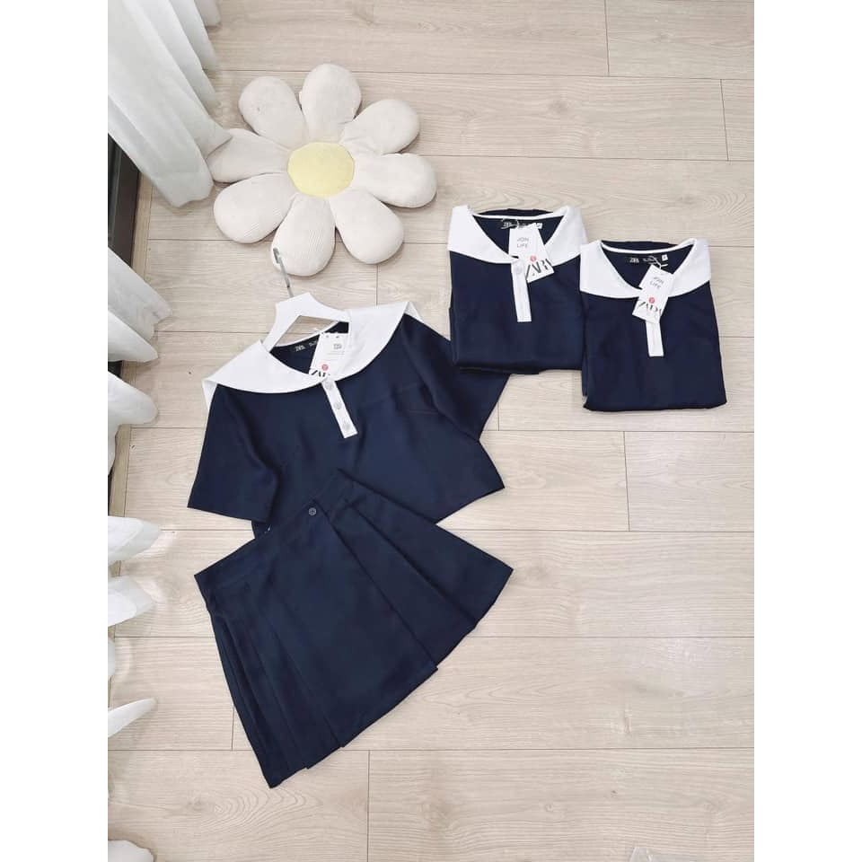 Set Đồ Bộ Nữ HCOM2999 Áo Phông Cổ Bẻ Thủy Thủ Mix Chân Váy Xếp Ly Dáng Xòe Style Hàn Quốc DONNA