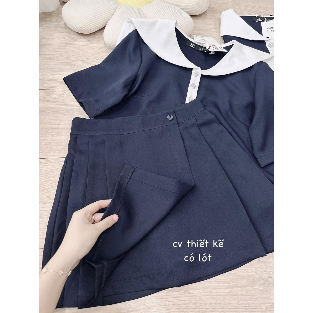 Set Đồ Bộ Nữ HCOM2999 Áo Phông Cổ Bẻ Thủy Thủ Mix Chân Váy Xếp Ly Dáng Xòe Style Hàn Quốc DONNA