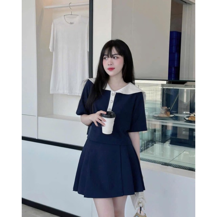 Set Đồ Bộ Nữ HCOM2999 Áo Phông Cổ Bẻ Thủy Thủ Mix Chân Váy Xếp Ly Dáng Xòe Style Hàn Quốc DONNA