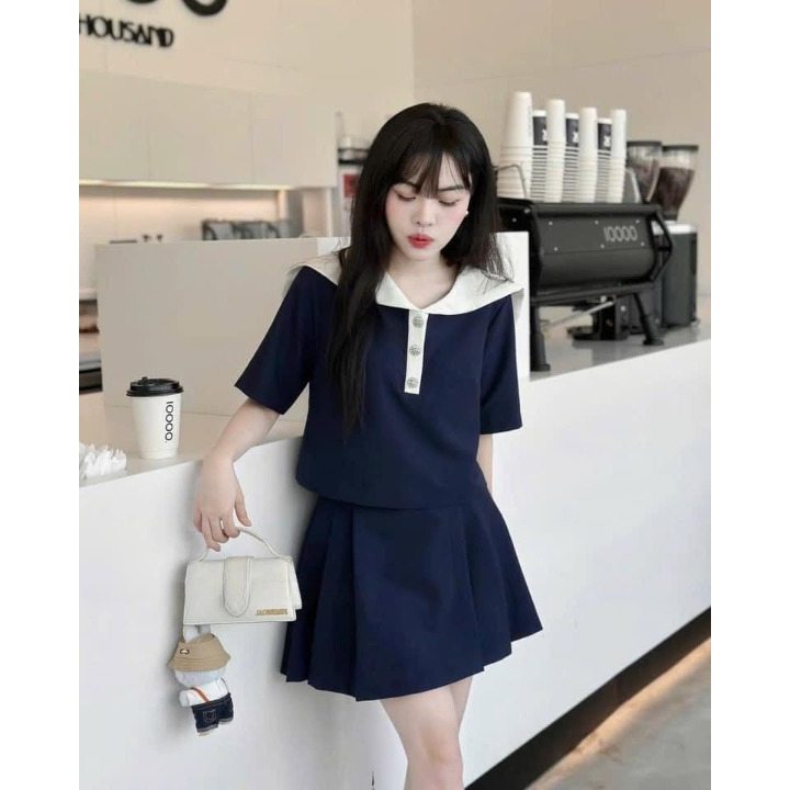Set Đồ Bộ Nữ HCOM2999 Áo Phông Cổ Bẻ Thủy Thủ Mix Chân Váy Xếp Ly Dáng Xòe Style Hàn Quốc DONNA