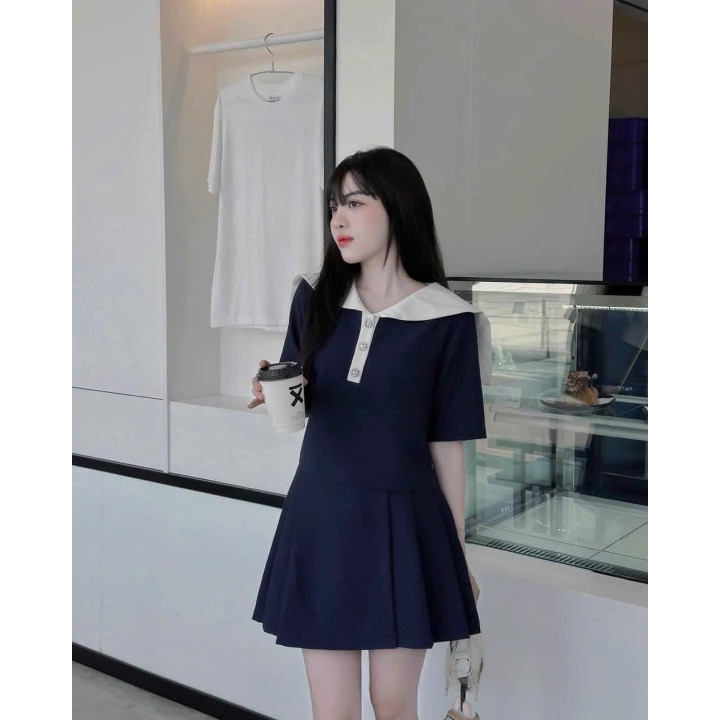 Set Đồ Bộ Nữ HCOM2999 Áo Phông Cổ Bẻ Thủy Thủ Mix Chân Váy Xếp Ly Dáng Xòe Style Hàn Quốc DONNA