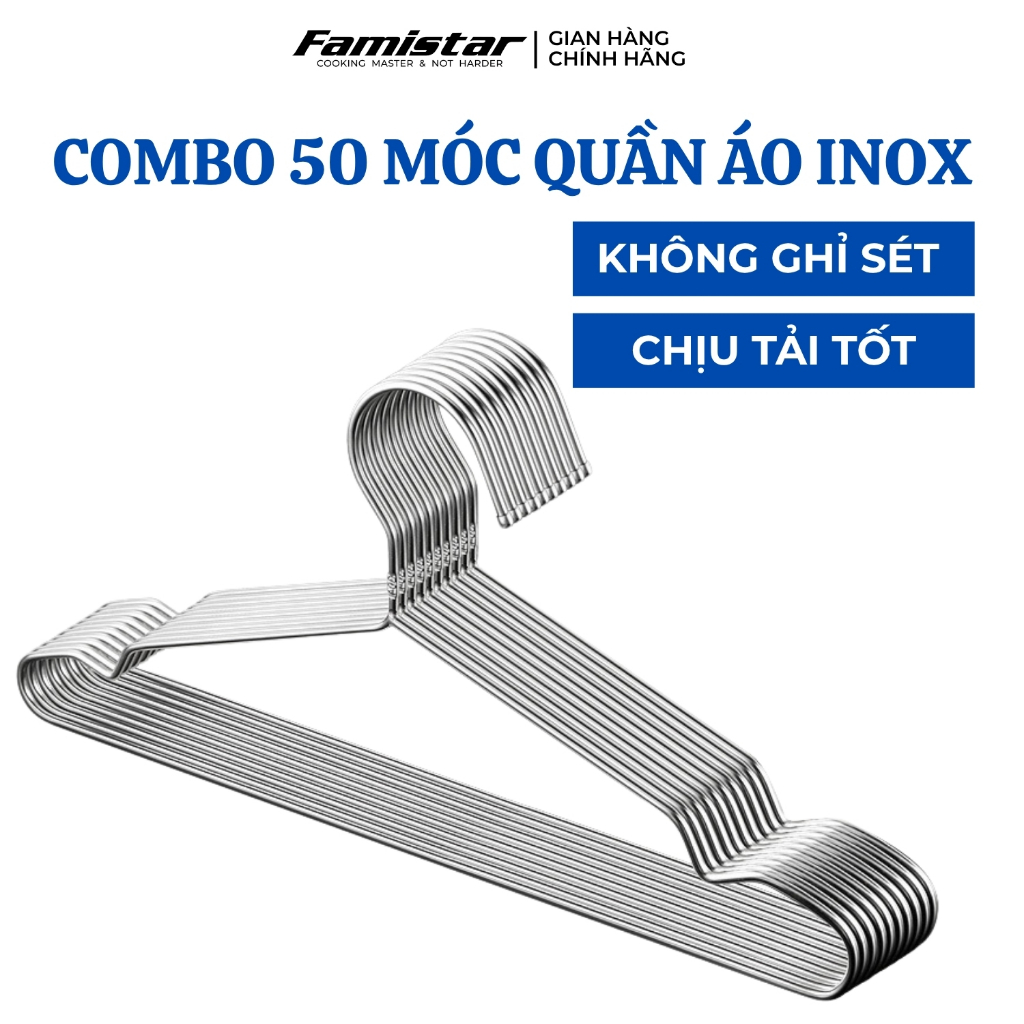 Combo 50 móc treo quần áo INOX Famistar, móc phơi quần áo, móc quần áo, móc treo quần áo trẻ em MQA