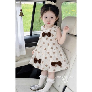 Váy Bí Sát Nách Hoạ Tiết Nơ Và Gấu Hai Lớp Cho Bé Gái Chất Đũi Thoáng Mát Size Từ 8-22kg