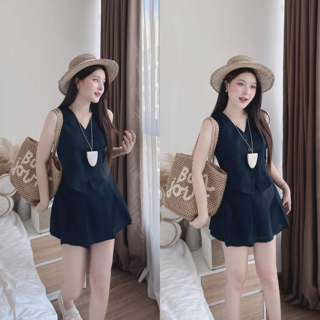 Set Đồ Nữ HCOM25889 Áo Gile Sát Nách Cổ V Phối Chân Váy Xếp Ly Ngắn Style Tiểu Thư Sang Chảnh DONNA