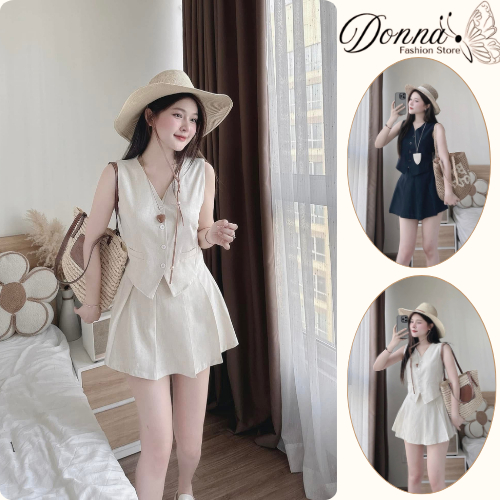 Set Đồ Nữ HCOM25889 Áo Gile Sát Nách Cổ V Phối Chân Váy Xếp Ly Ngắn Style Tiểu Thư Sang Chảnh DONNA