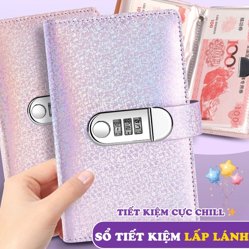 Sổ tiết kiệm 100 ngày lấp lánh có khóa mật mã - Sổ quản lý chi tiêu nhiều ngăn túi zip tiện lợi