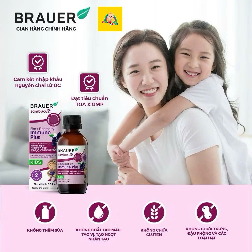 Siro Brauer Sambucus Black Elderberry Immune Plus Kids 100ml Hỗ Trợ Miễn Dịch Cho Bé|Babymall & Care