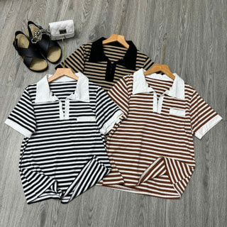 Áo polo nữ bigsize kẻ sọc tay ngắn nhấn viền màu cá tính phối túi trước vải thun gân co giãn CB SOC