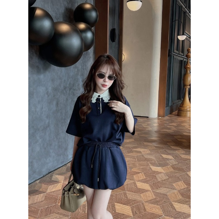 Set Đồ Nữ HCOM26211 Áo Polo Phối Cổ Ren Hoa Bản To Mix Chân Váy Bí Dáng Phồng Tiểu Thư Sang Chảnh DONNA