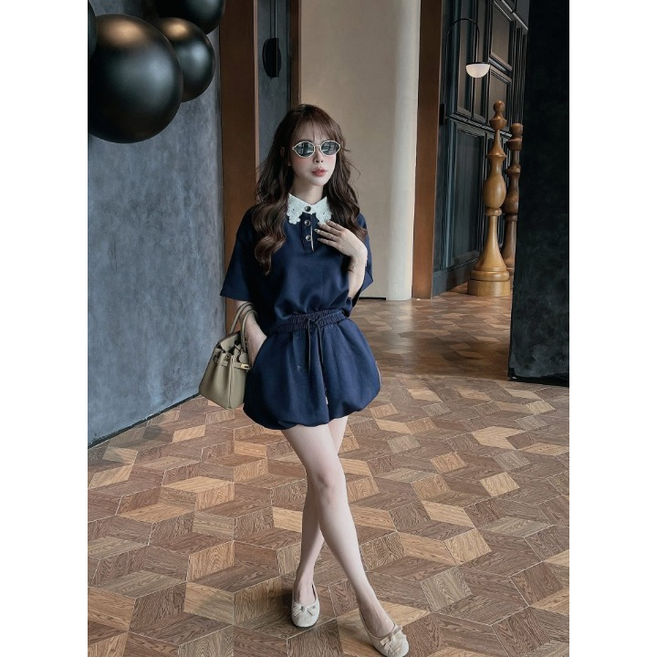 Set Đồ Nữ HCOM26211 Áo Polo Phối Cổ Ren Hoa Bản To Mix Chân Váy Bí Dáng Phồng Tiểu Thư Sang Chảnh DONNA