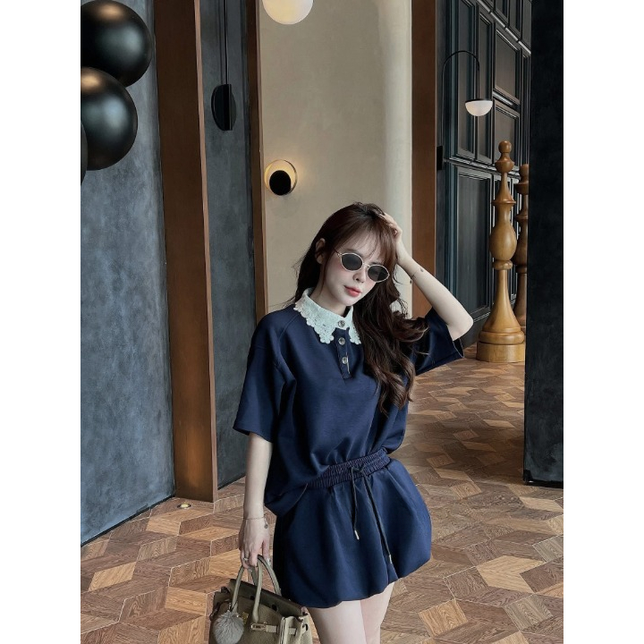 Set Đồ Nữ HCOM26211 Áo Polo Phối Cổ Ren Hoa Bản To Mix Chân Váy Bí Dáng Phồng Tiểu Thư Sang Chảnh DONNA