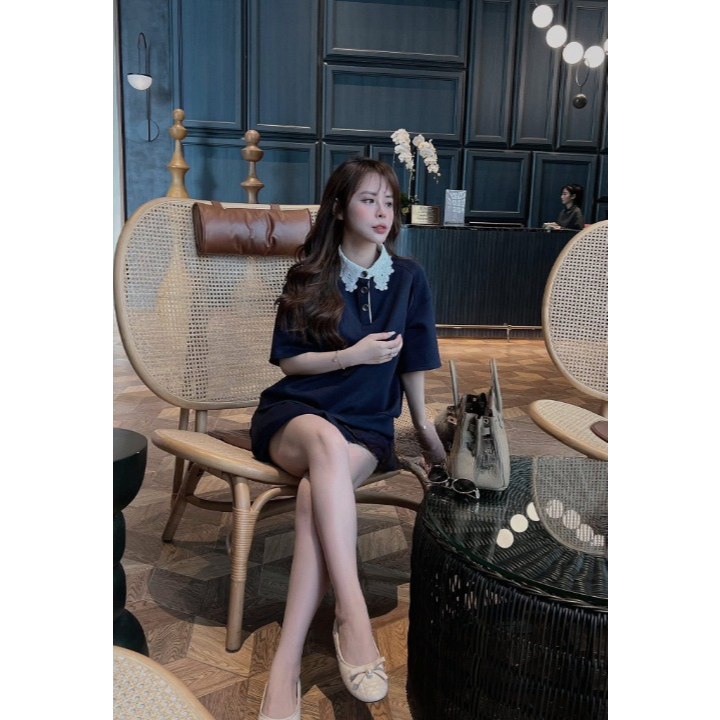 Set Đồ Nữ HCOM26211 Áo Polo Phối Cổ Ren Hoa Bản To Mix Chân Váy Bí Dáng Phồng Tiểu Thư Sang Chảnh DONNA