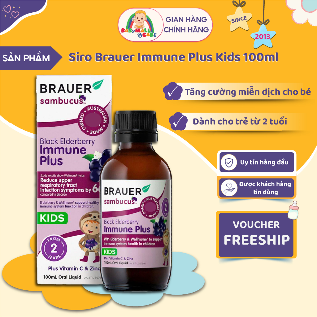 Siro Brauer Sambucus Black Elderberry Immune Plus Kids 100ml Hỗ Trợ Miễn Dịch Cho Bé|Babymall & Care
