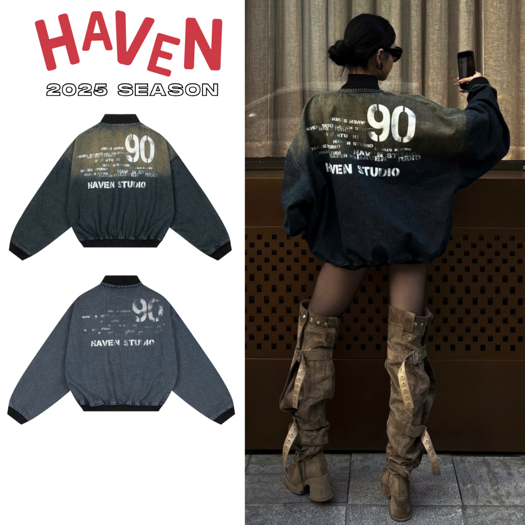 Áo Khoác Bomber Jeans Haven Studio Form Rộng Vải Jean Wash Nam Nữ Phong Cách Streetwear