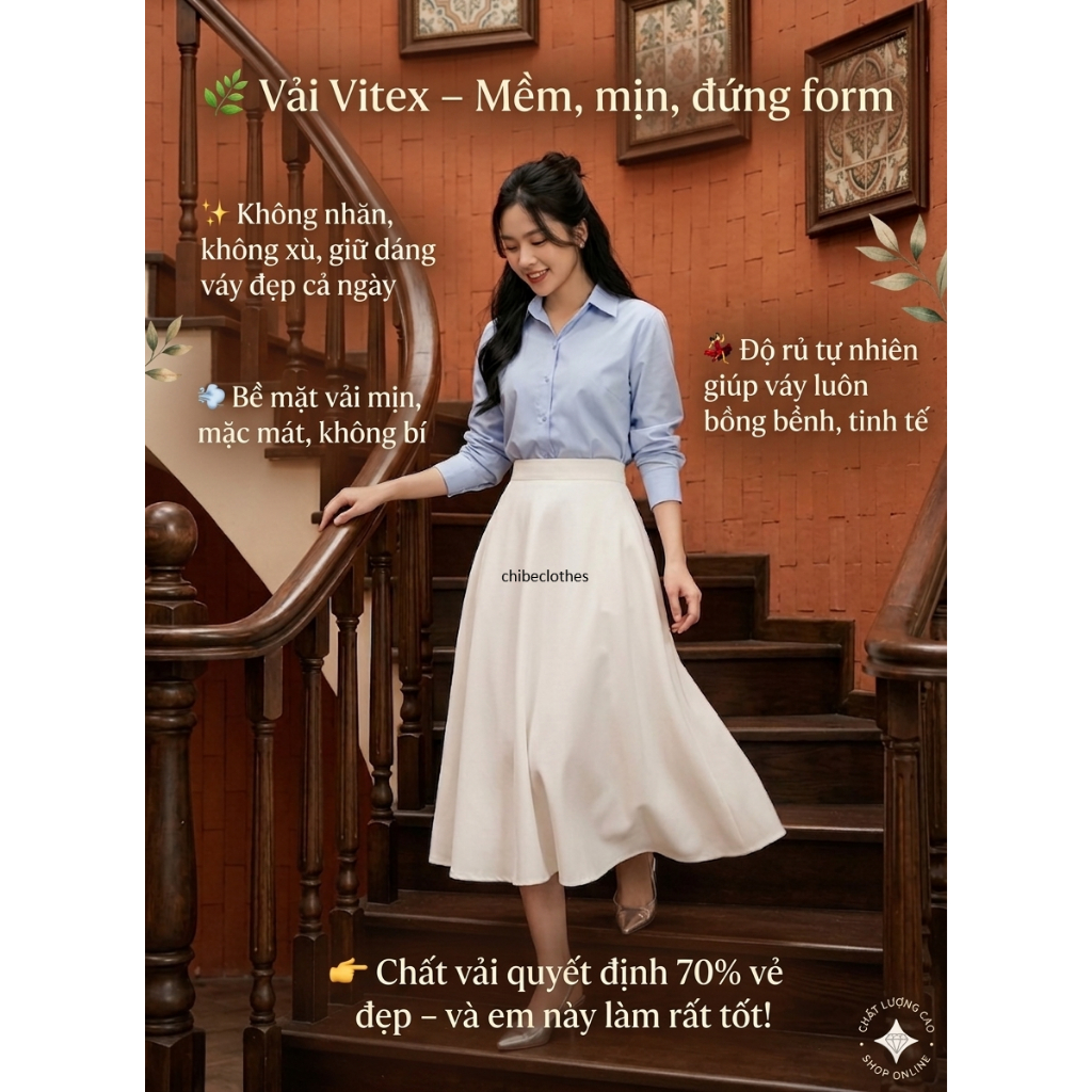 chân váy xoè dài 80cm chất tuyết mưa