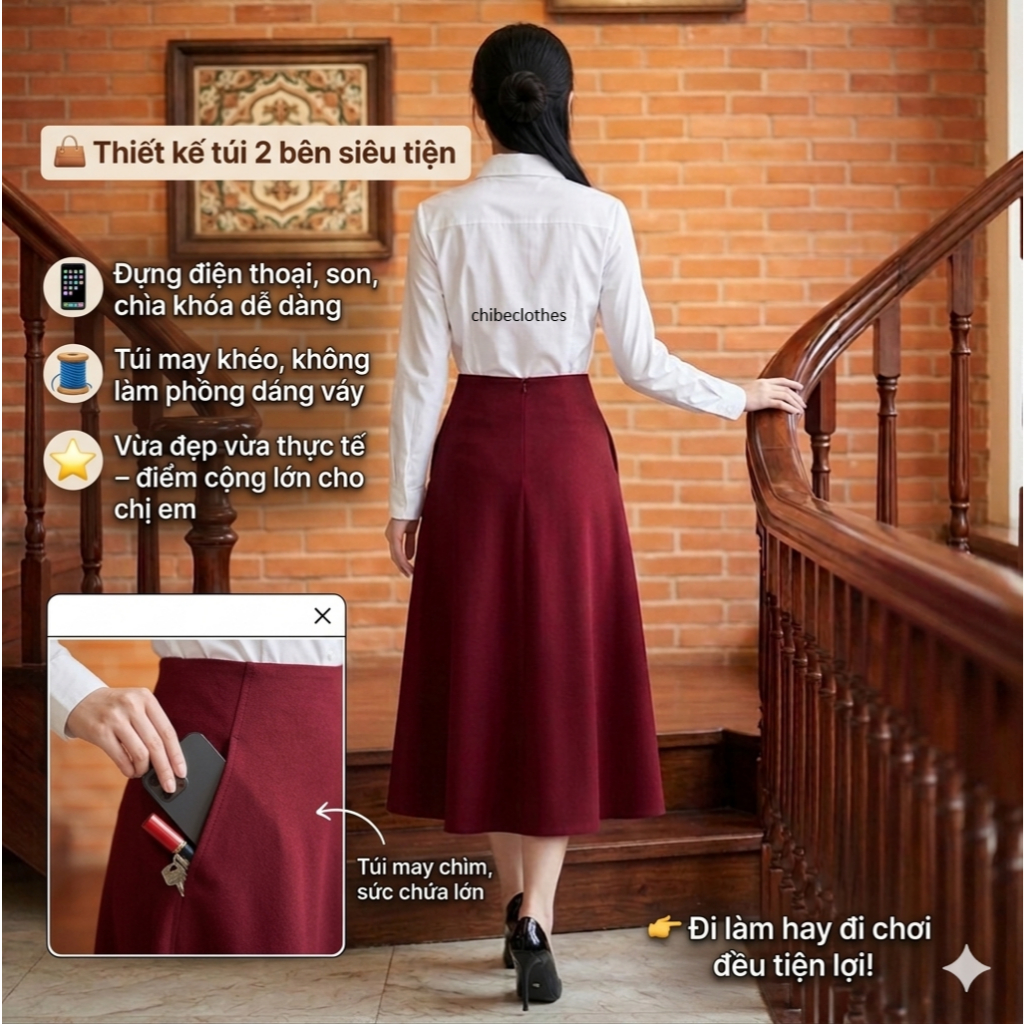 chân váy xoè dài 80cm chất tuyết mưa