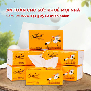 Giấy ăn rút lụa Silkwell Sếu 130 tờ 3 lớp dày dặn, khăn giấy rút lụa siêu mềm mịn không tẩy trắng