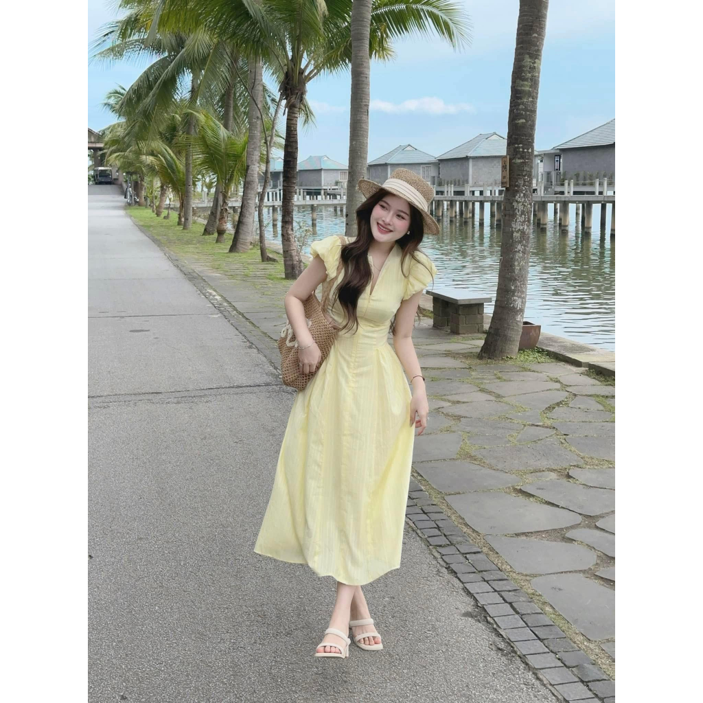 Váy Nữ DONNA HCOM25503 Thiết Kế Cổ Vuông Tay Phồng Chiết Eo Dáng Dài Style Tiểu Thư Hàn Quốc