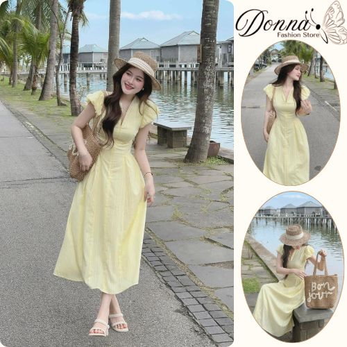 Váy Nữ DONNA HCOM25503 Thiết Kế Cổ Vuông Tay Phồng Chiết Eo Dáng Dài Style Tiểu Thư Hàn Quốc