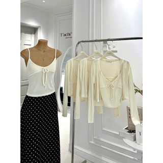 SET 3 MÓN: KHOÁC CROP TD + ÁO 2S + CV MIDI CHẤM BI-0260