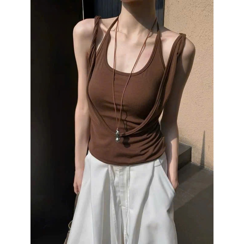 (sẵn 1 nâu)Áo sát nách layer nâu tây dây xoắn và ghi layer chất thun cotton thời trang nữ ASN077  - Tiktik