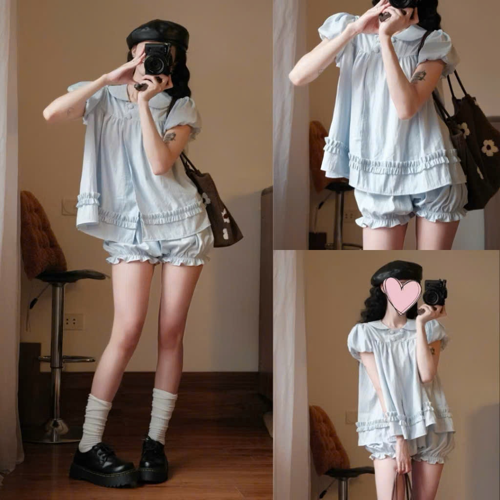 Set bô đồ áo dài tay lệch vai phối kẻ mix quần bí phong cách Hàn Quốc dễ thương Joolate