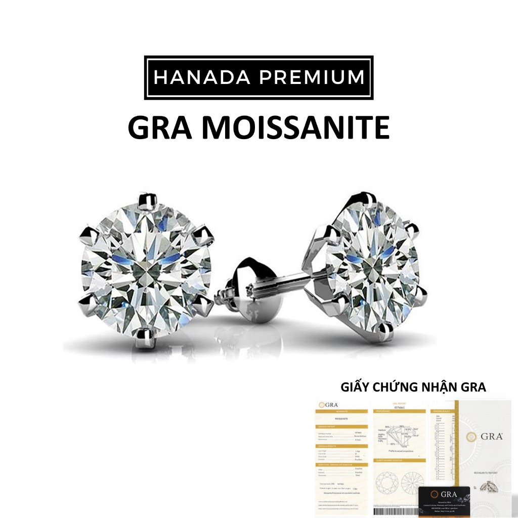 [CHỨNG NHẬN GRA] Bông Tai Hanada Đá Moissanite 5MM  Phủ Bạch Kim Hoa Tai Nụ Bạc 925 Không Đen Không Mờ Nam Nữ 1166 A3
