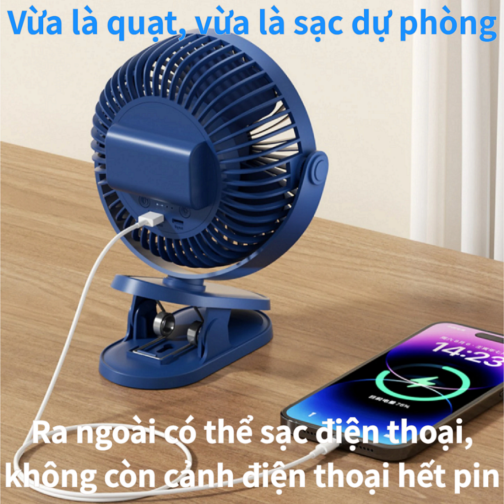 Quạt kẹp 6 inch mới | Pin 15000mAh | Có đèn ngủ | 4 cấp gió | Siêu êm | Kẹp/đặt/treo | Dùng làm sạc dự phòng