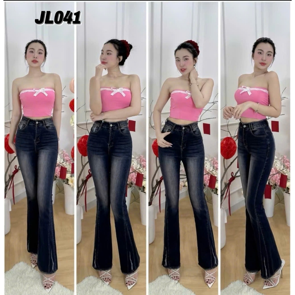 101-103cm Quần Jeans Nữ Lưng Cao Ống Loe Dài Kiểu Tua Tua Tôn Dáng Thời Trang