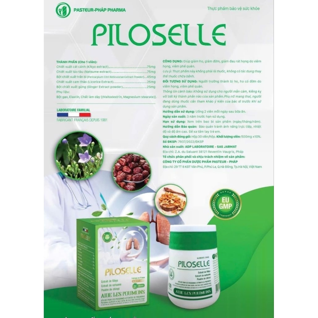 Viên uống giảm ho, giảm đờm đau rát họng viêm phế quản, lọc phổi PILOSELLE [ hộp 30 viên ]