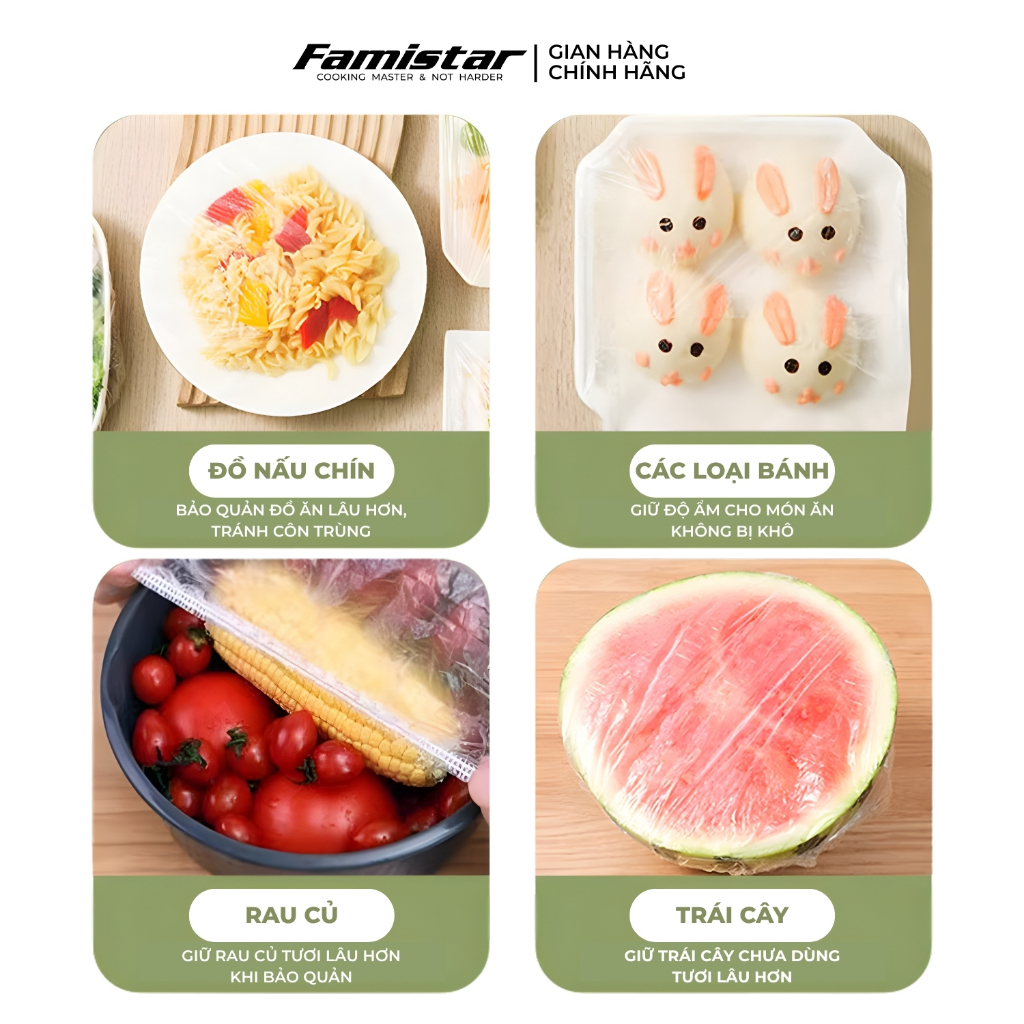 Combo 200 màng bọc thực phẩm co giãn FAMISTAR, màn bọc thực phẩm loại to có chun BTP01