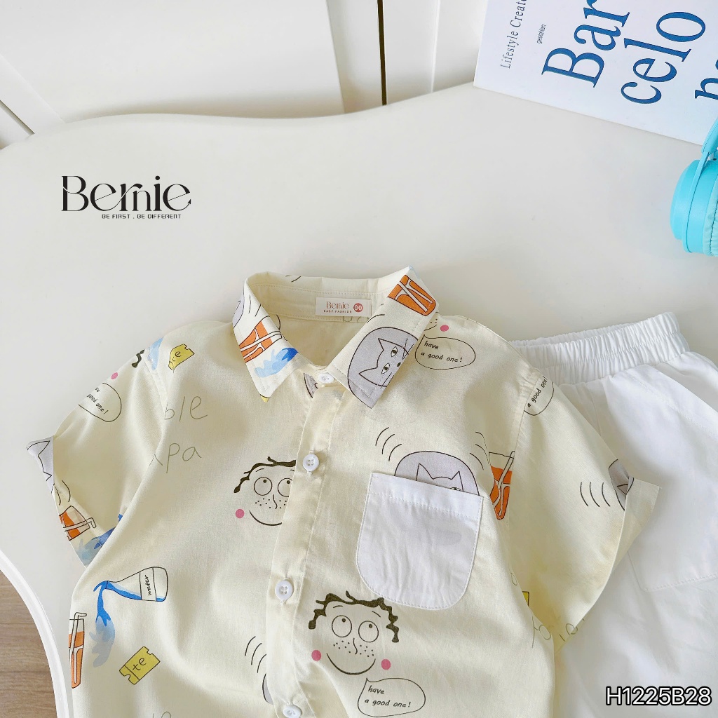 Bộ sơ mi hoạ tiết Bubble papa cá tính cho bé, set sơ mi cộc áo thô phối quần kaki bé trai