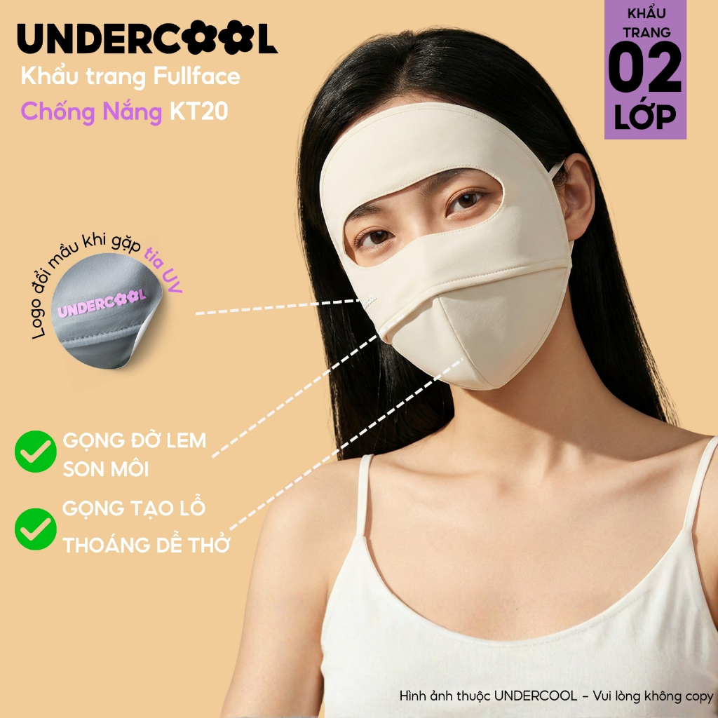 Khẩu trang toàn mặt Fullface chống nắng chống UV UNDERCOOL - Che trán toàn diện, Logo đổi mầu thông minh, Live KT20