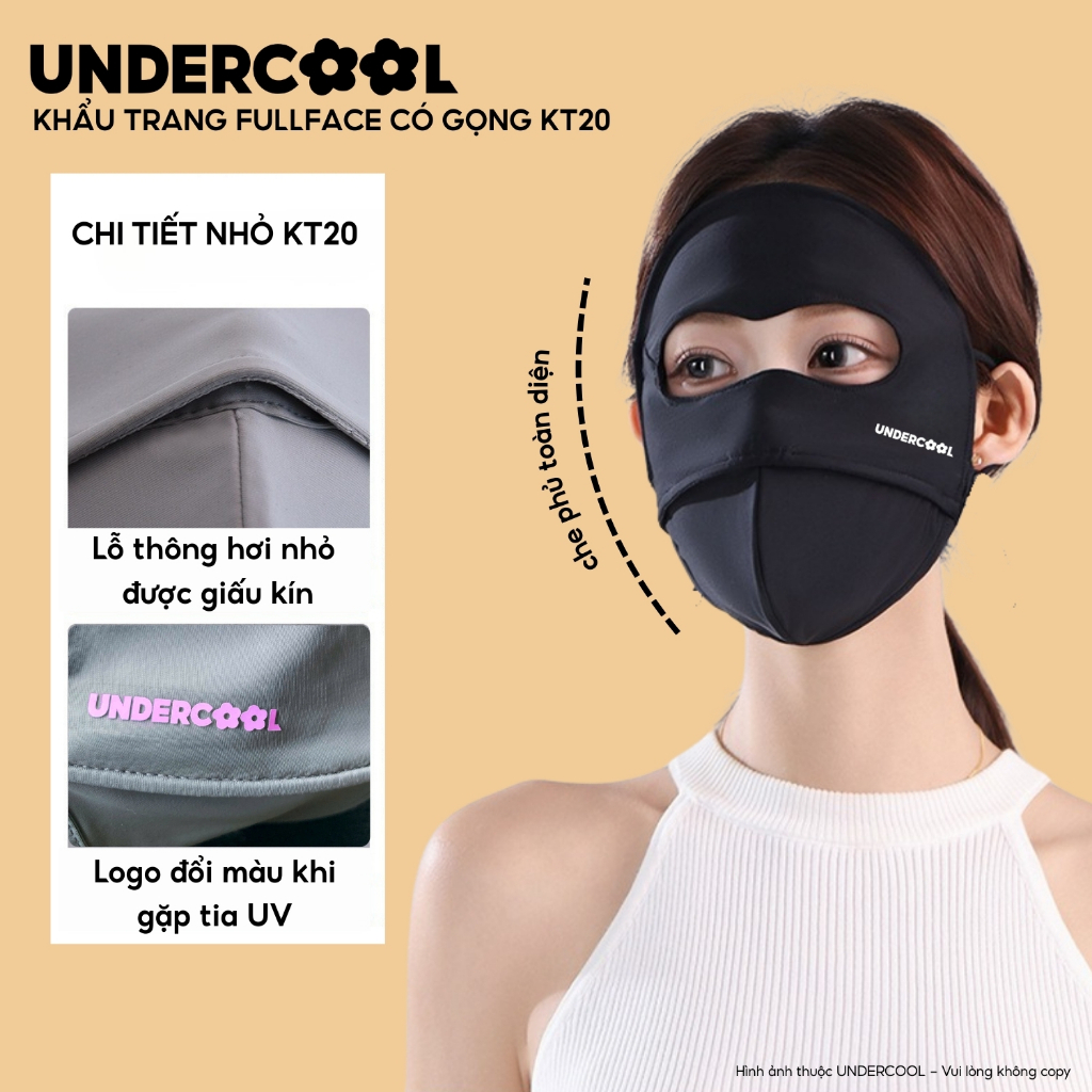 Khẩu trang toàn mặt Fullface chống nắng chống UV UNDERCOOL - Che trán toàn diện, Logo đổi mầu thông minh, Live KT20