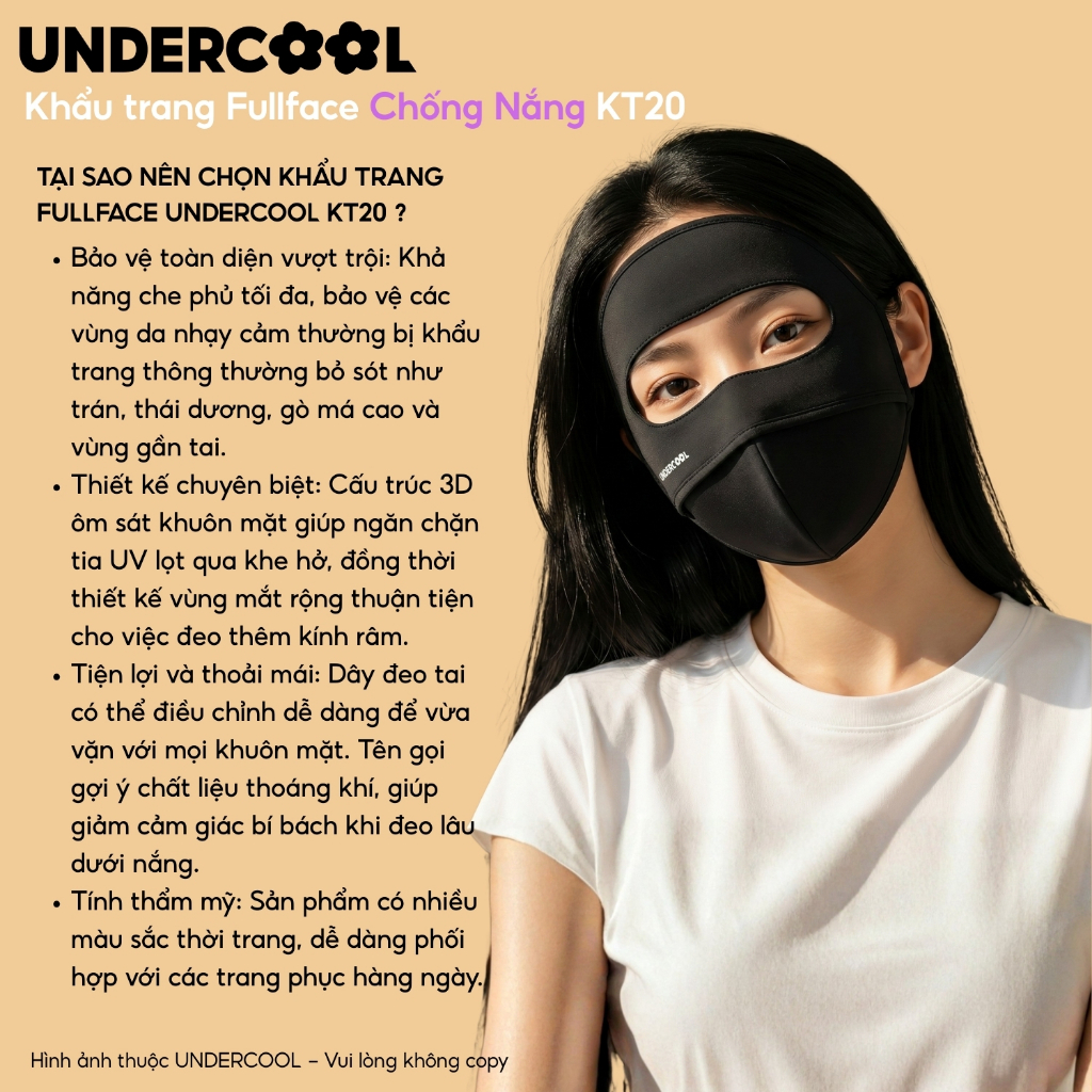 Khẩu trang toàn mặt Fullface chống nắng chống UV UNDERCOOL - Che trán toàn diện, Logo đổi mầu thông minh, Live KT20