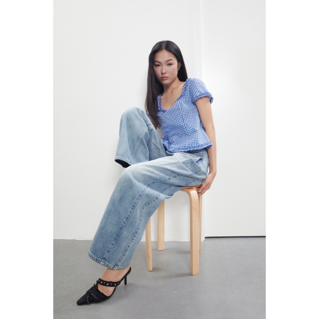 TheBlueTshirt - Áo kiểu croptop kẻ sọc caro form xoè có bèo trang trí nữ tính - Jasmine Top