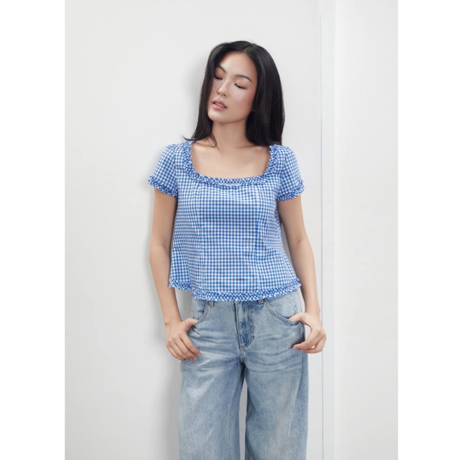 TheBlueTshirt - Áo kiểu croptop kẻ sọc caro form xoè có bèo trang trí nữ tính - Jasmine Top