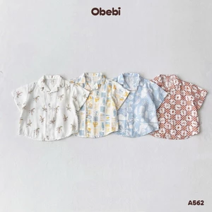 Áo Sơ Mi Linen Obebi Mùa Hè In Họa Tiết Đi Biển Cho Bé Trai Bé Gái Từ 8-22KG A562
