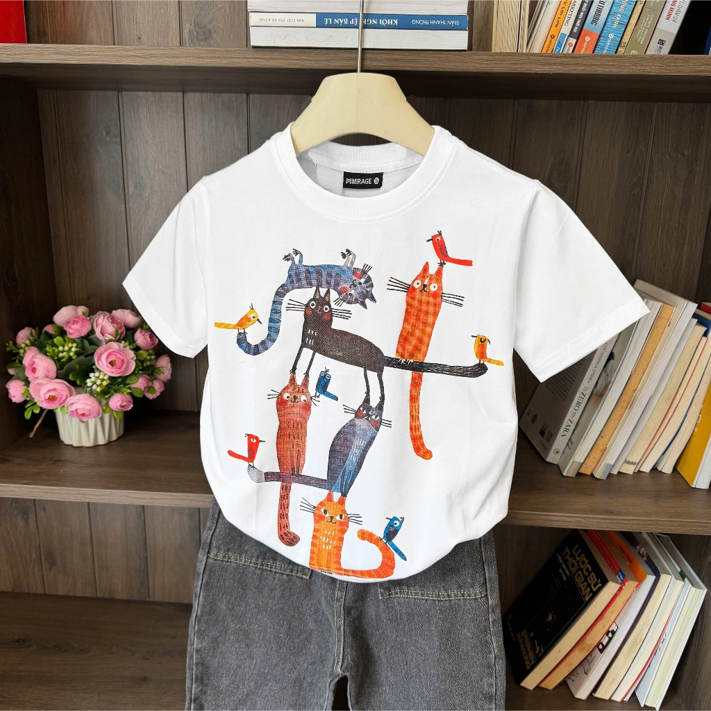 Áo Thun Trẻ Em Mirage Họa Tiết Bé Mèo Đáng Yêu Chất 100% Cotton Cao Cấp.