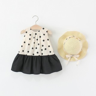 Set váy+nón cói cho bé gái vải thô cotton mỏng mát màu đen trắng chấm bi to phù hợp mùa hè D1283