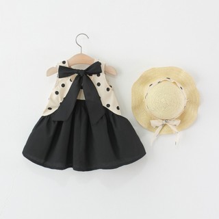 Set váy+nón cói cho bé gái vải thô cotton mỏng mát màu đen trắng chấm bi to phù hợp mùa hè D1283