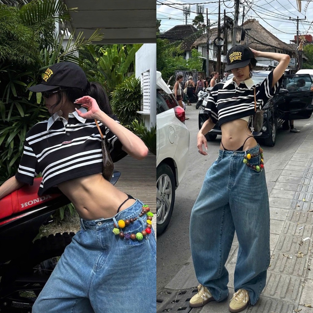 Áo polo croptop ngắn kẻ ngang đơn giản hoạ tiết chữ nhỏ màu trắng đen APL007 - Tikik