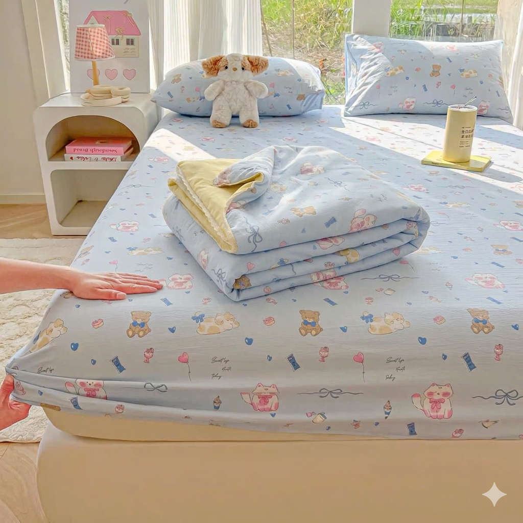 [NEW] Bộ Ga Giường 4 Món Hè Ice Cool Sợi Tre Đũi Mát Lạnh – Ga Bọc, 2 Vỏ Gối, Chăn Hè Siêu Thoáng
