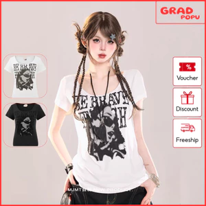 Áo thun nữ GRADPOPU gợi cảm kiểu Mỹ in hình chân dung bên vai phải dáng ngắn giảm béo mùa hè AN261